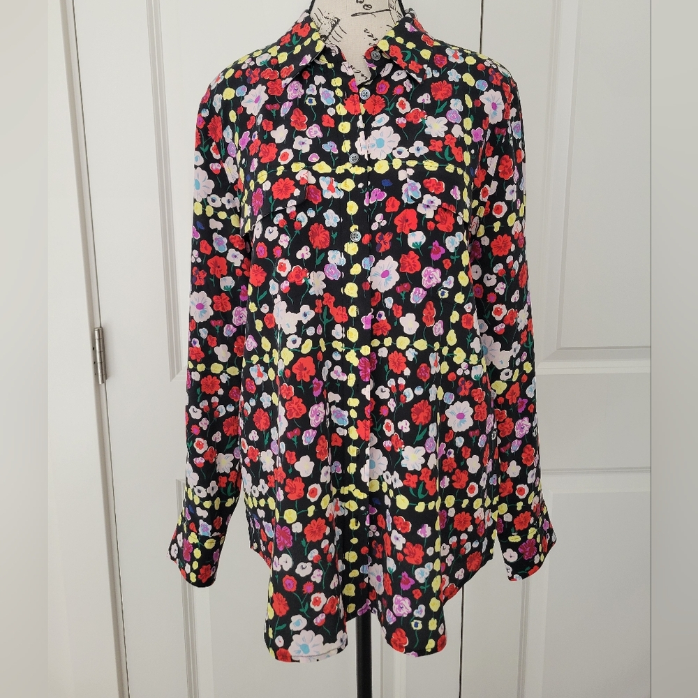 Equipment Femm 100% Silk Button Up Blouse Floral Long Sleeve Black Red